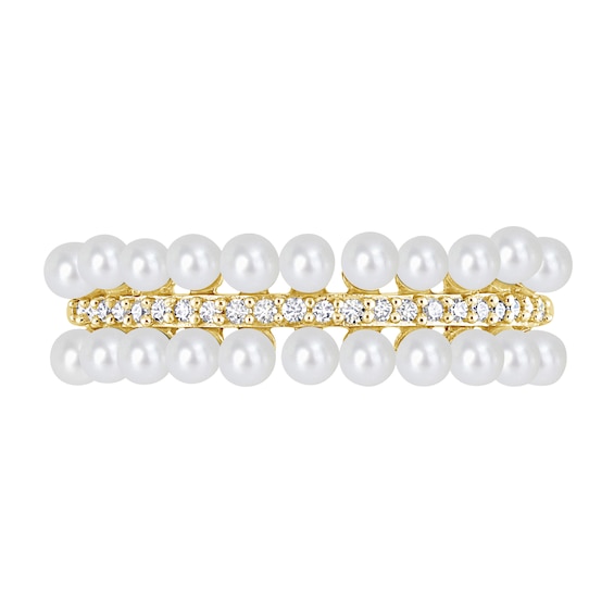 Freshwater Cultured Pearl and 1/10 CT. T.w. Diamond Triple Row Ring 10K Gold