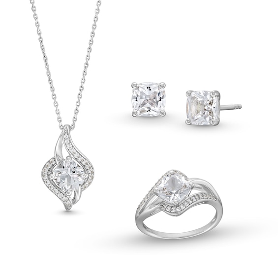 Cushion-Cut White Lab-Created Sapphire Bypass Frame Pendant, Ring and Stud Earrings Set in Sterling Silver