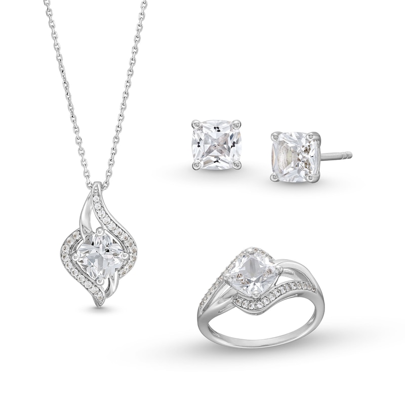 Main Image 1 of Cushion-Cut White Lab-Created Sapphire Bypass Frame Pendant, Ring and Stud Earrings Set in Sterling Silver