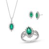 Thumbnail Image 1 of Lab-Created Emerald and White Lab-Created Sapphire Starburst Pendant, Ring and Stud Earrings Set in Sterling Silver