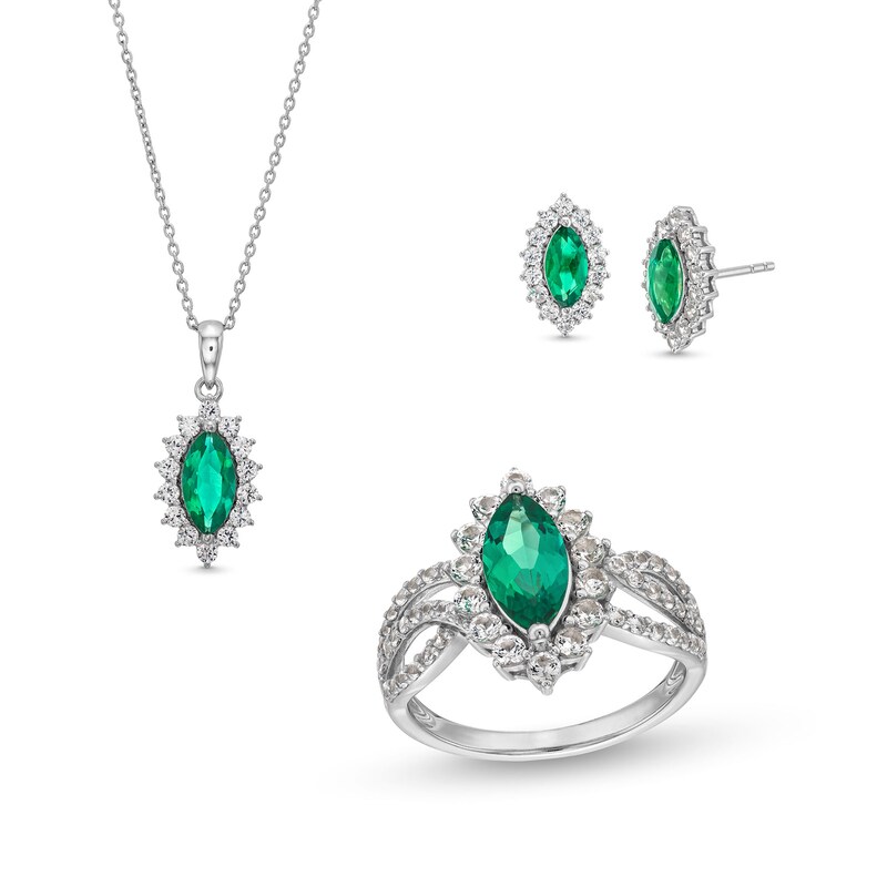 Main Image 1 of Lab-Created Emerald and White Lab-Created Sapphire Starburst Pendant, Ring and Stud Earrings Set in Sterling Silver