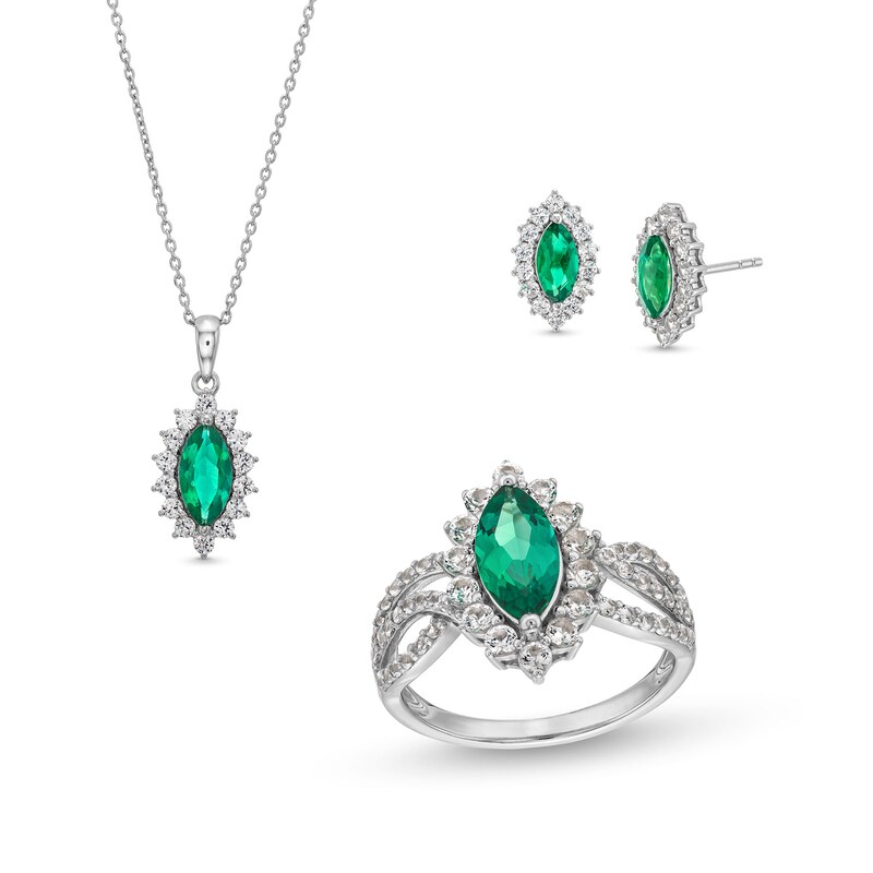 Lab-Created Emerald and White Lab-Created Sapphire Starburst Pendant, Ring and Stud Earrings Set in Sterling Silver