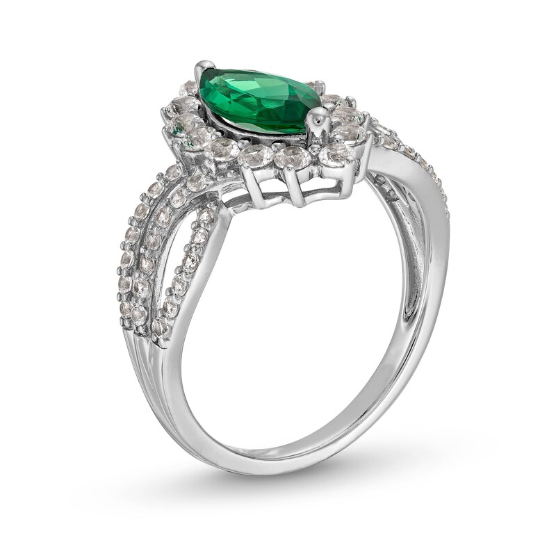 Main Image 3 of Lab-Created Emerald and White Lab-Created Sapphire Starburst Pendant, Ring and Stud Earrings Set in Sterling Silver