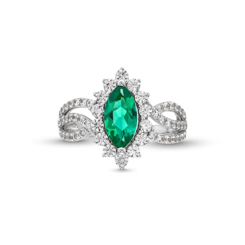 Main Image 4 of Lab-Created Emerald and White Lab-Created Sapphire Starburst Pendant, Ring and Stud Earrings Set in Sterling Silver