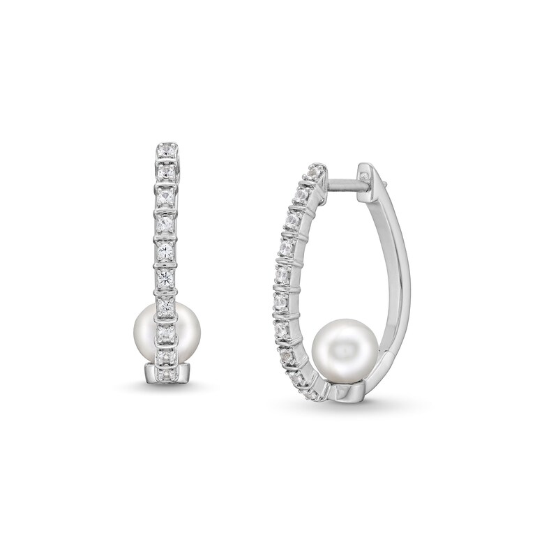 Main Image 1 of 6.0mm Freshwater Cultured Pearl and White Lab-Created Sapphire Hoop Earrings in Sterling Silver