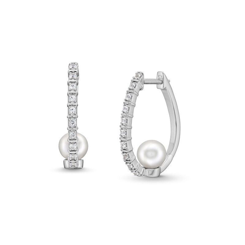 6.0mm Cultured Freshwater Pearl and White Lab-Created Sapphire Hoop Earrings in Sterling Silver