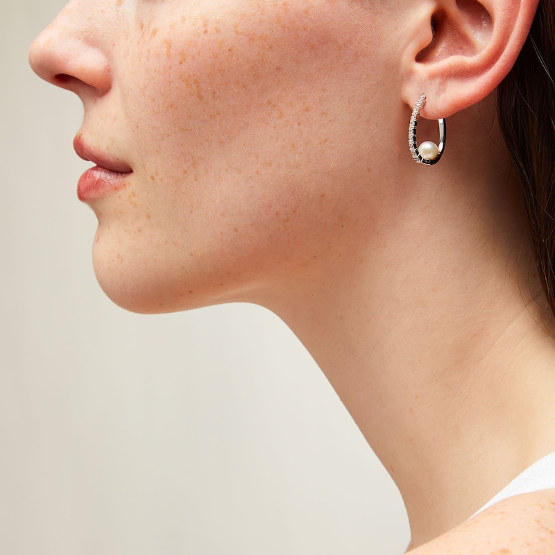 Main Image 2 of 6.0mm Freshwater Cultured Pearl and White Lab-Created Sapphire Hoop Earrings in Sterling Silver