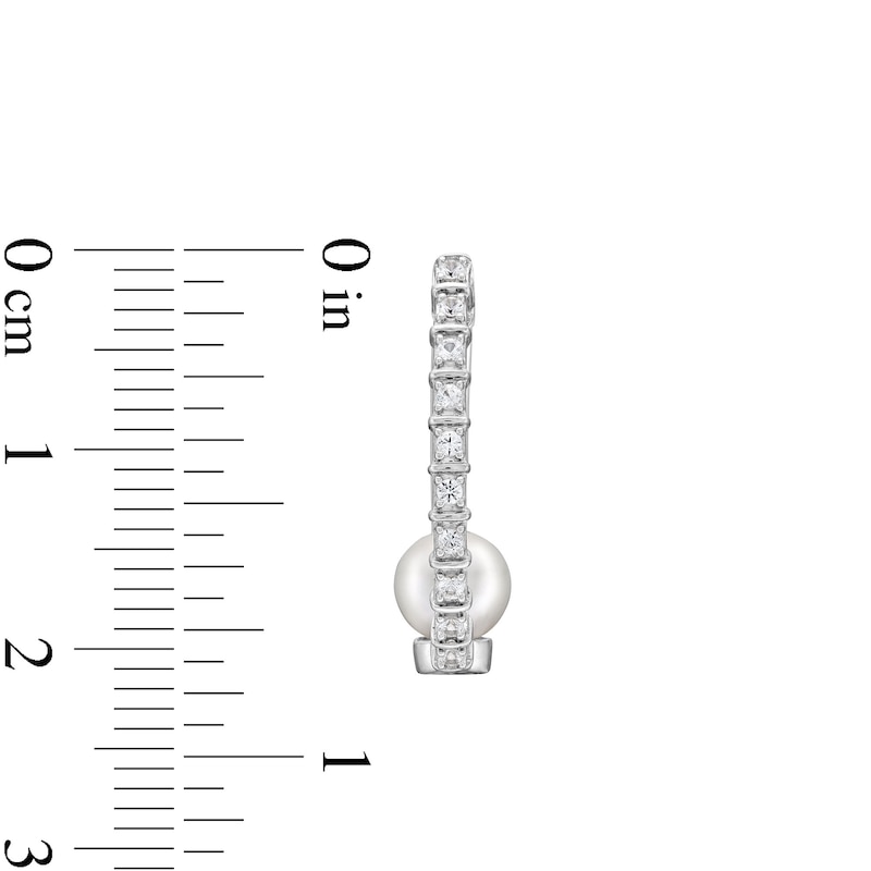 Main Image 3 of 6.0mm Freshwater Cultured Pearl and White Lab-Created Sapphire Hoop Earrings in Sterling Silver