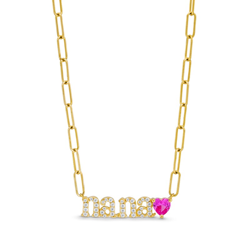 Main Image 1 of Heart-Shaped Pink and White Lab-Created Sapphire "nana" Chain Necklace in Sterling Silver with 14K Gold Plate