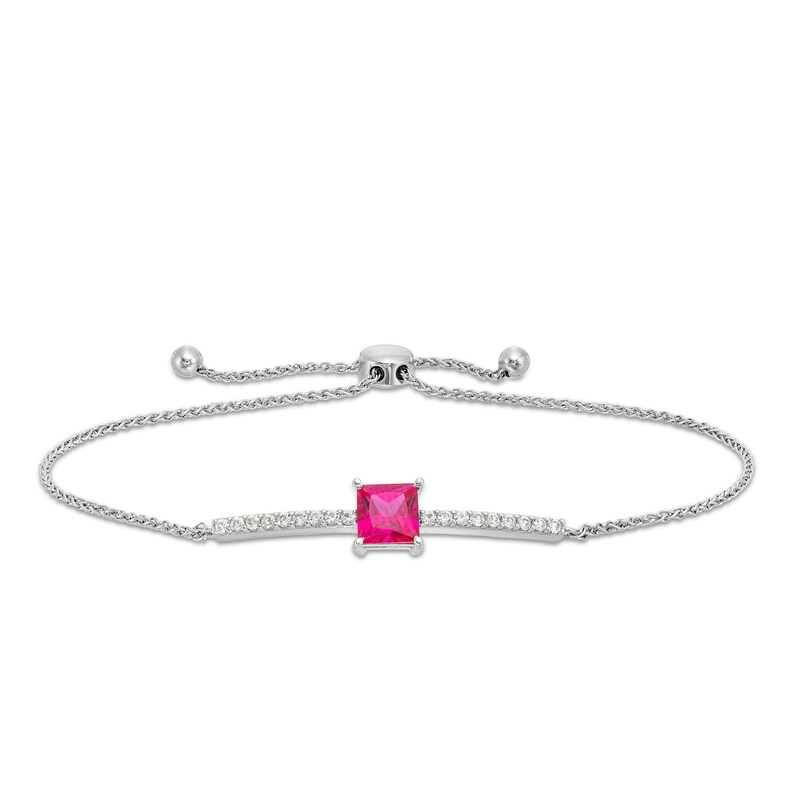 Main Image 1 of 6.0mm Princess-Cut Lab-Created Ruby and White Lab-Created Sapphire Bolo Bracelet in Sterling Silver - 9"
