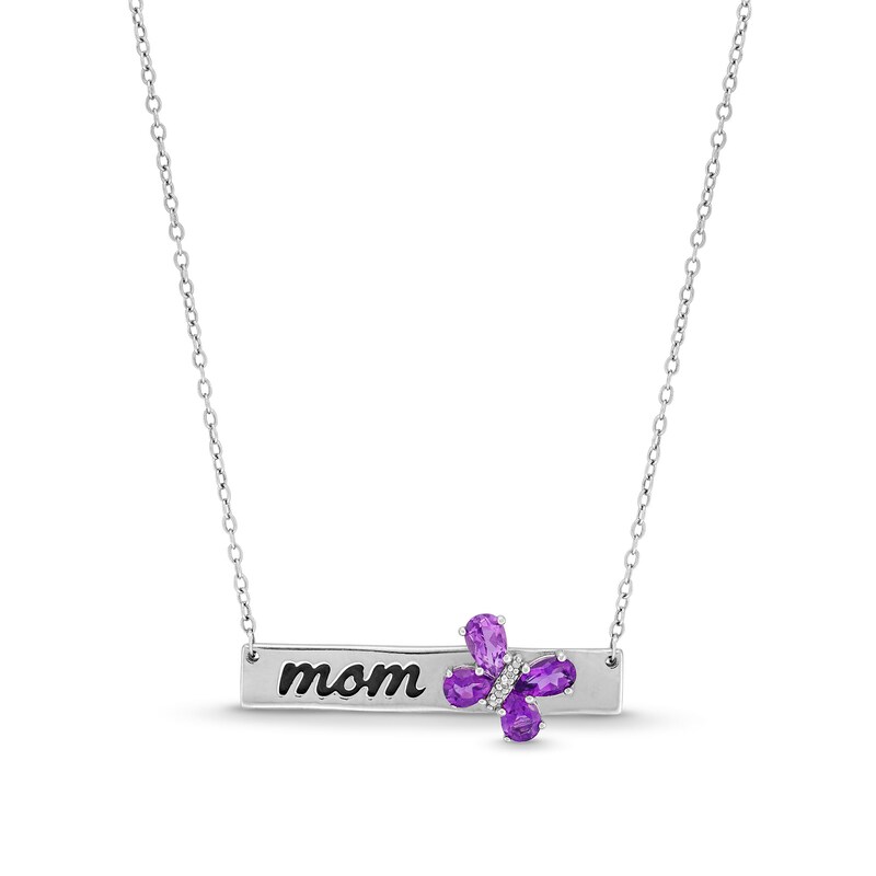 Main Image 1 of Pear-Shaped Amethyst and Diamond Accent "mom" Butterfly Bar Necklace in Sterling Silver
