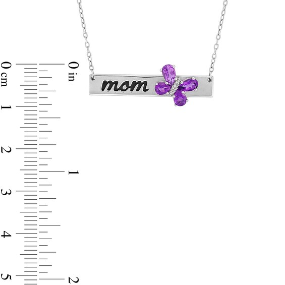 Pear-Shaped Amethyst and Diamond Accent Mom Butterfly Bar Necklace in Sterling Silver