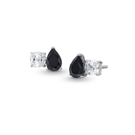 Cushion-Cut Black Onyx and Pear-Shaped White Lab-Created Sapphire Toi et Moi Stud Earrings in Sterling Silver