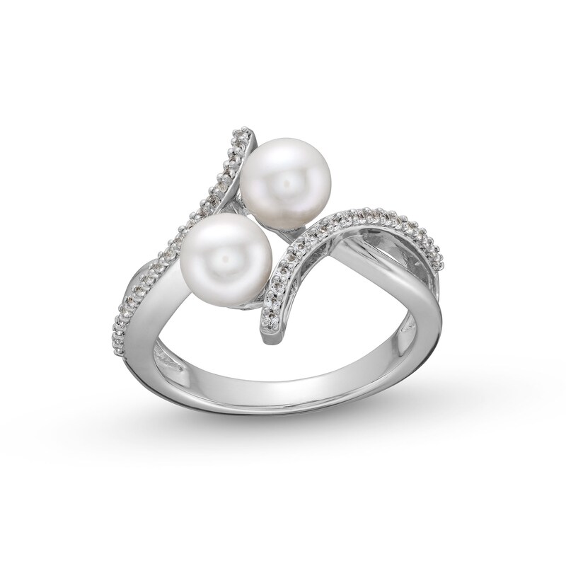 Main Image 1 of 6.0mm Freshwater Cultured Pearl and White Lab-Created Sapphire Duo Bypass Ring in Sterling Silver
