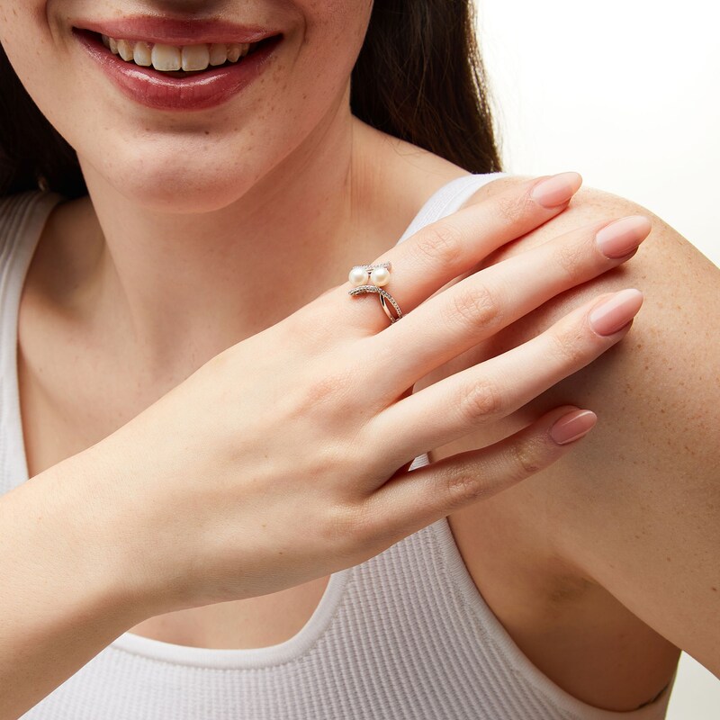 Main Image 2 of 6.0mm Freshwater Cultured Pearl and White Lab-Created Sapphire Duo Bypass Ring in Sterling Silver