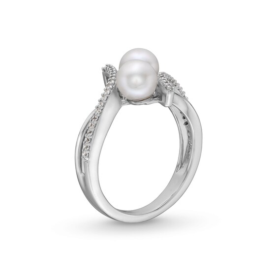 6.0mm Freshwater Cultured Pearl and White Lab-Created Sapphire Duo Bypass Ring in Sterling Silver