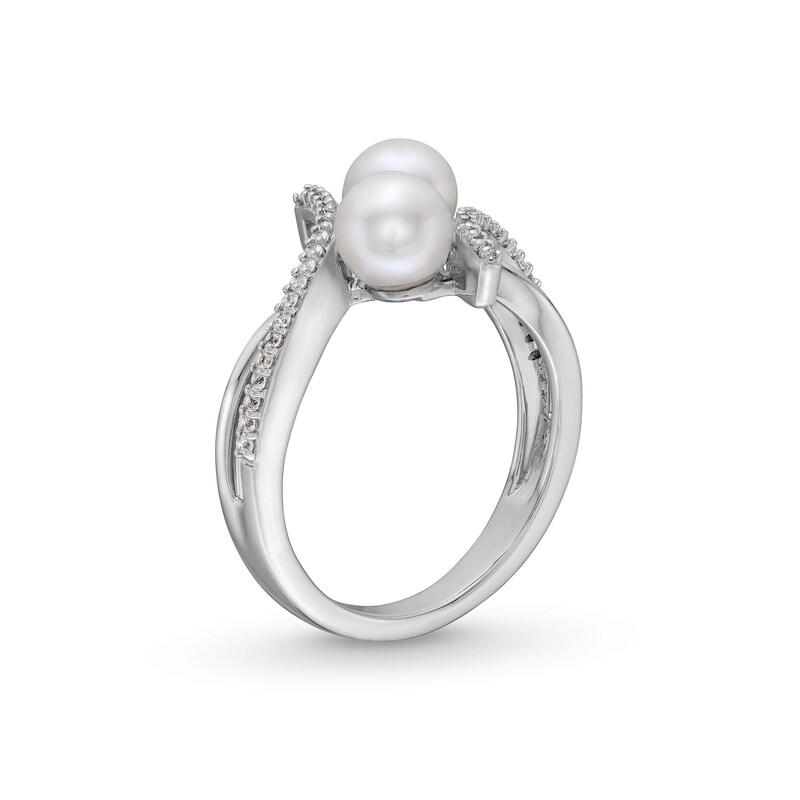 Main Image 3 of 6.0mm Freshwater Cultured Pearl and White Lab-Created Sapphire Duo Bypass Ring in Sterling Silver
