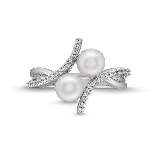 6.0mm Freshwater Cultured Pearl and White Lab-Created Sapphire Duo Bypass Ring in Sterling Silver