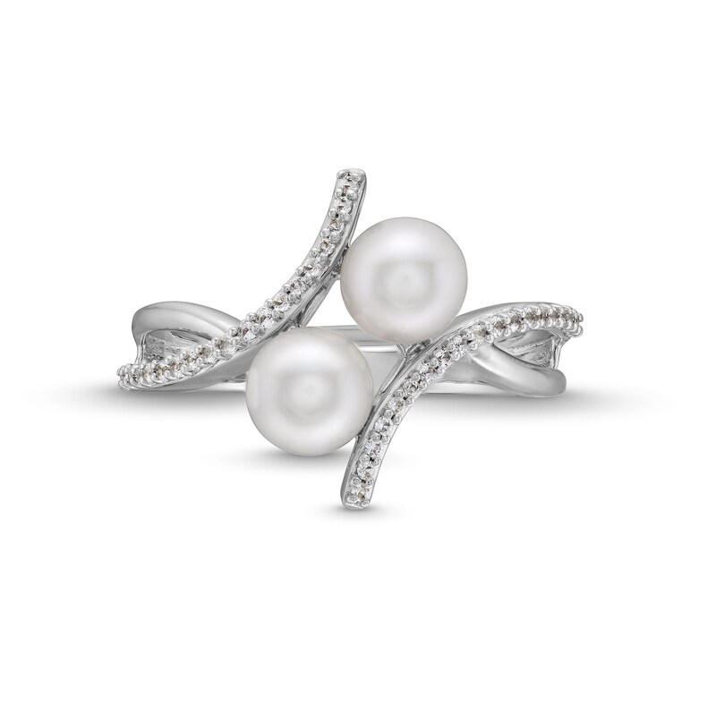 Main Image 4 of 6.0mm Freshwater Cultured Pearl and White Lab-Created Sapphire Duo Bypass Ring in Sterling Silver