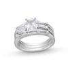 Thumbnail Image 1 of Emerald and Baguette-Cut White Lab-Created Sapphire Collar Triple Row Split Shank Ring in Sterling Silver