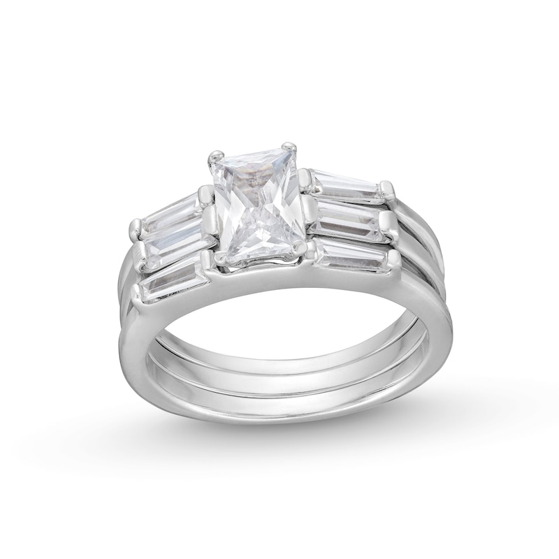 Emerald and Baguette-Cut White Lab-Created Sapphire Collar Triple Row Split Shank Ring in Sterling Silver