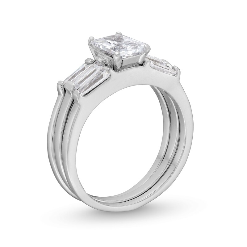 Main Image 3 of Emerald and Baguette-Cut White Lab-Created Sapphire Collar Triple Row Split Shank Ring in Sterling Silver