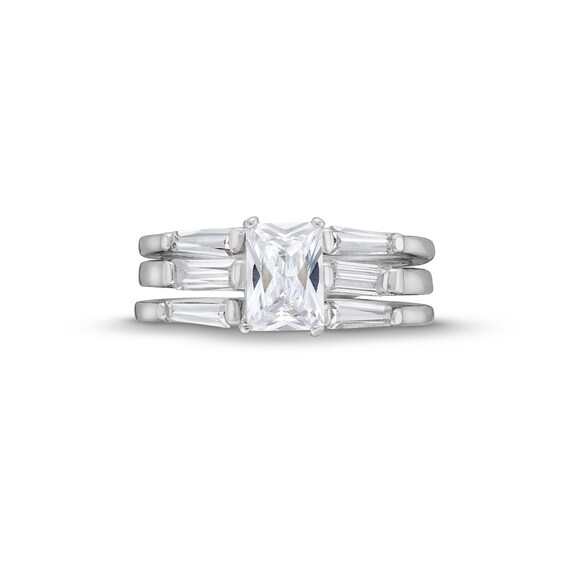 Emerald and Baguette-Cut White Lab-Created Sapphire Collar Triple Row Split Shank Ring in Sterling Silver