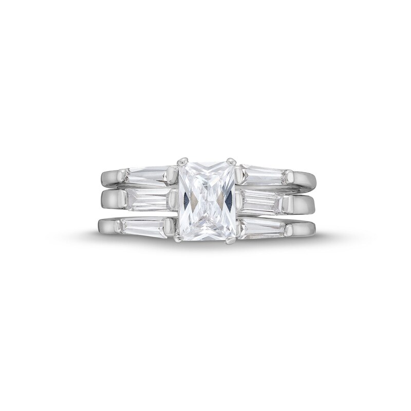 Main Image 4 of Emerald and Baguette-Cut White Lab-Created Sapphire Collar Triple Row Split Shank Ring in Sterling Silver