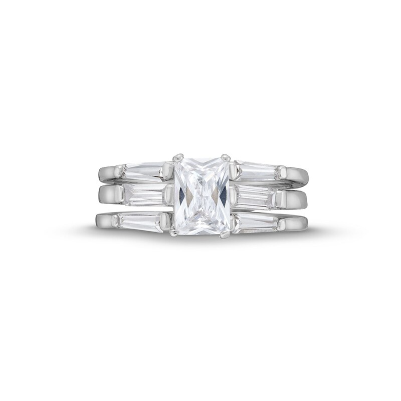 Emerald and Baguette-Cut White Lab-Created Sapphire Collar Triple Row Split Shank Ring in Sterling Silver