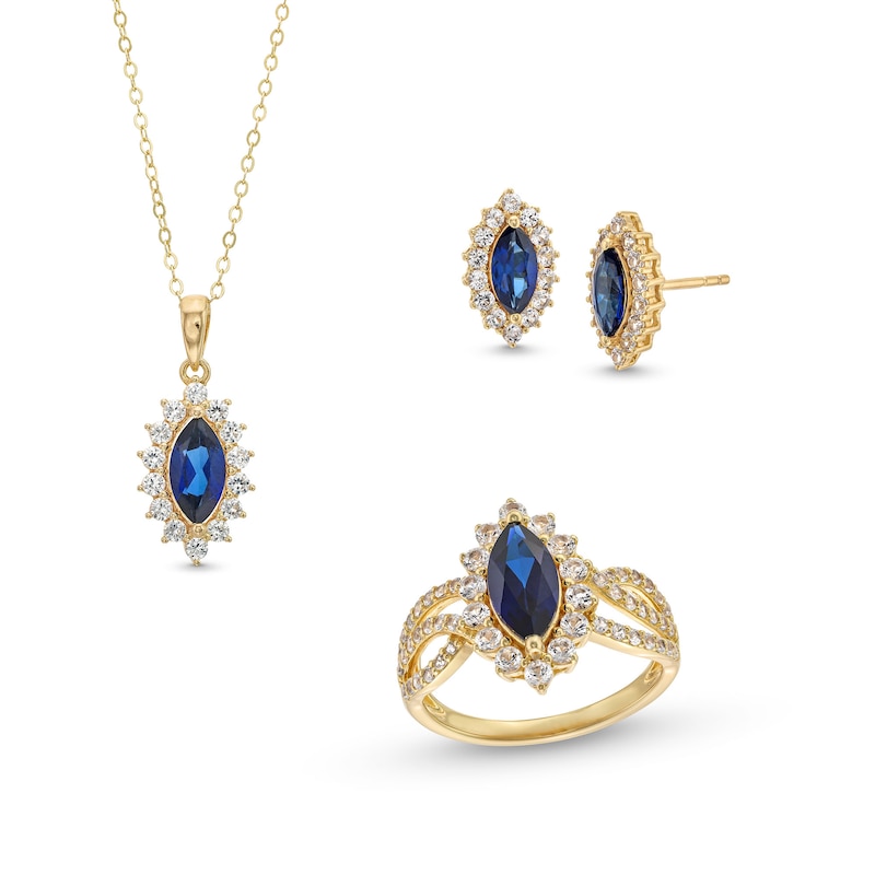 Blue and White Lab-Created Sapphire Frame Pendant, Ring and Stud Earrings Set in Sterling Silver with 14K Gold Plate