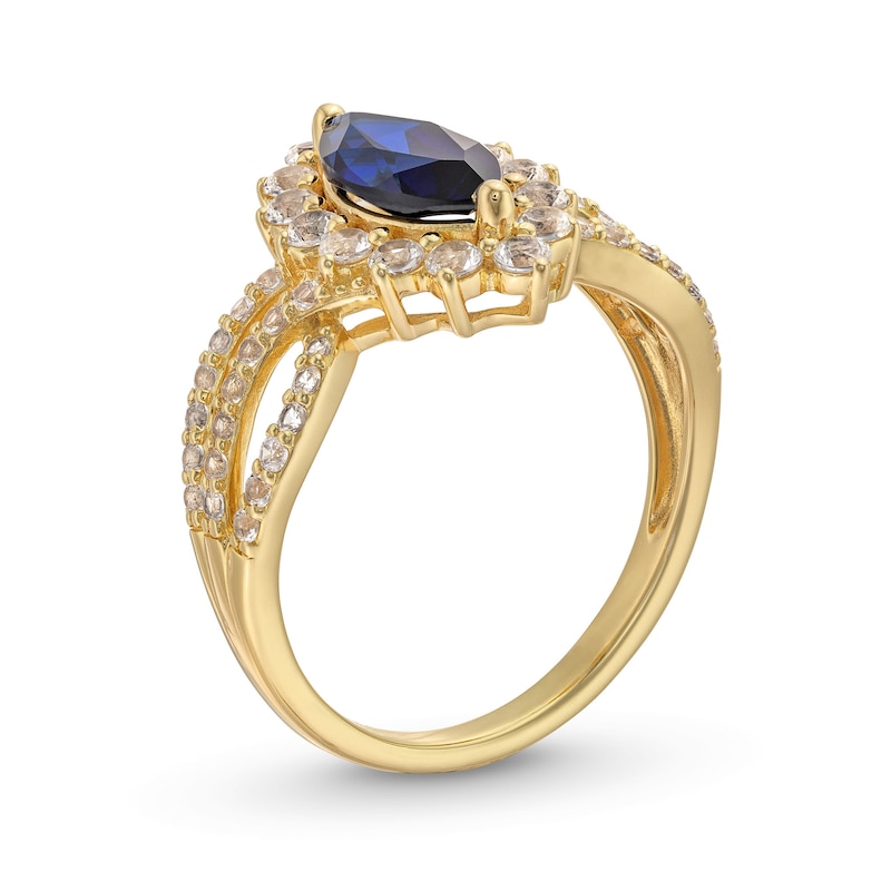 Main Image 3 of Blue and White Lab-Created Sapphire Frame Pendant, Ring and Stud Earrings Set in Sterling Silver with 14K Gold Plate