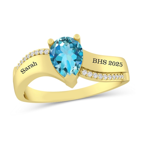 Pear-Shaped Gemstone and 1/20 CT. T.w. Diamond Bypass Engravable Class Ring (1 Stone and 2 Lines)