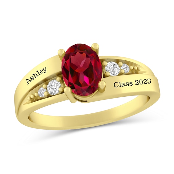 Oval Gemstone and White Lab-Created Sapphire Bypass Engravable Class Ring (1 Stone and 2 Lines)