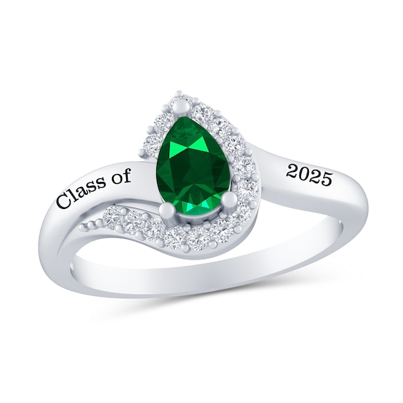 Pear-Shaped Gemstone and White Lab-Created Sapphire Swirl Frame Engravable Class Ring (1 Stone and 2 Lines)