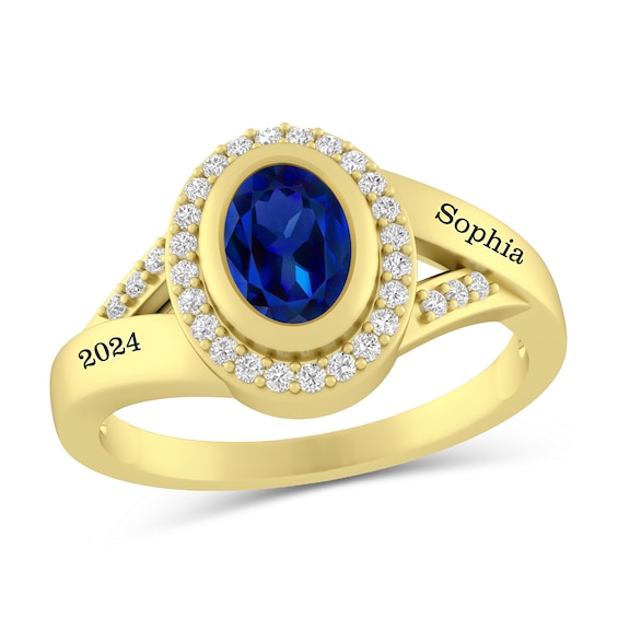 Oval Gemstone and White Lab-Created Sapphire Frame Split Shank Engravable Class Ring (1 Stone and 2 Lines)