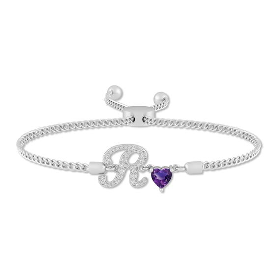 Heart-Shaped Gemstone and 1/10 CT. T.w. Diamond Uppercase Script Initial Bolo Bracelet (1 Stone and Initial) - 9.5"