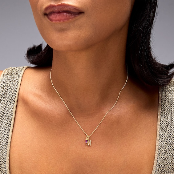 Baguette-Cut Gemstone and Block Initial Charms Pendant (1 Stone and Initial)
