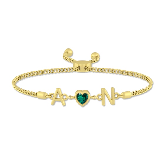 Couple's Heart-Shaped Gemstone with Uppercase Block Initials Bolo Bracelet (1 Stone and 2 Initials) - 8.5"