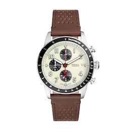 Men’s Fossil Sport Tourer Brown Leather Strap Chronograph Watch with Cream Dial (Model: FS6042)