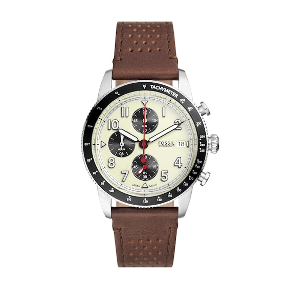 Menâs Fossil Sport Tourer Brown Leather Strap Chronograph Watch with Cream Dial (Model: Fs6042)