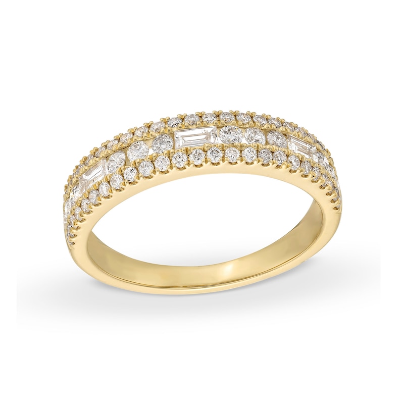 Main Image 1 of 5/8 CT. T.W. Baguette and Round Diamond Triple Row Anniversary Band in 14K Gold