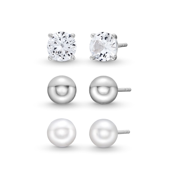 7.0mm Freshwater Cultured Pearl, White Lab-Created Sapphire Solitaire and Ball Stud Earrings Set in Sterling Silver