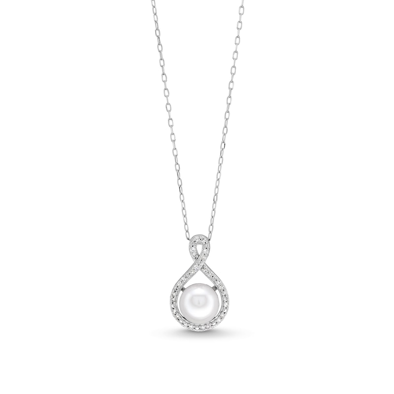 7.0mm Button Cultured Freshwater Pearl and 1/10 CT. T.W. Diamond Infinity Pendant in 10K White Gold