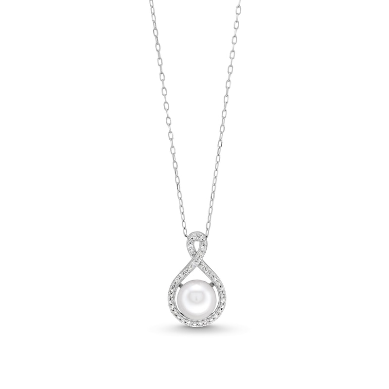 Main Image 1 of 7.0mm Button Freshwater Cultured Pearl and 1/10 CT. T.W. Diamond Infinity Pendant in 10K White Gold