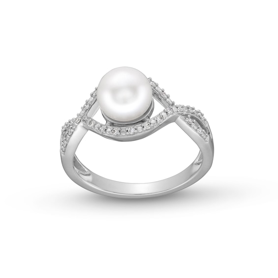 7.0mm Button Freshwater Cultured Pearl and 1/10 CT. T.w. Diamond Infinity Twist Shank Ring in 10K White Gold