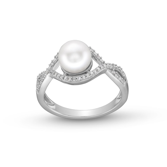 7.0mm Button Cultured Freshwater Pearl and 1/10 CT. T.w. Diamond Infinity Twist Shank Ring in 10K White Gold