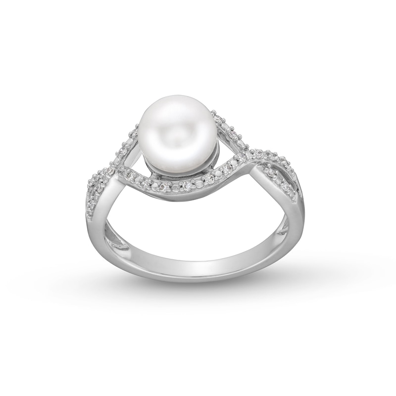 Main Image 1 of 7.0mm Button Freshwater Cultured Pearl and 1/10 CT. T.W. Diamond Infinity Twist Shank Ring in 10K White Gold