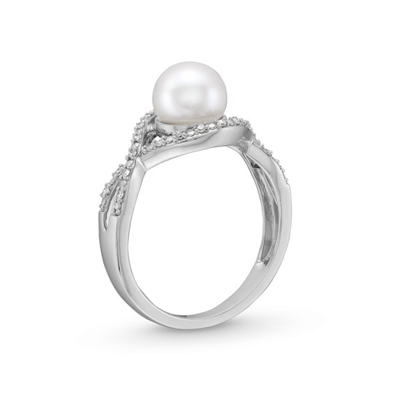 7.0mm Button Freshwater Cultured Pearl and 1/10 CT. T.w. Diamond Infinity Twist Shank Ring in 10K White Gold