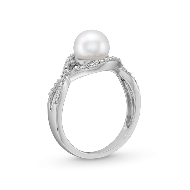 Main Image 3 of 7.0mm Button Freshwater Cultured Pearl and 1/10 CT. T.W. Diamond Infinity Twist Shank Ring in 10K White Gold