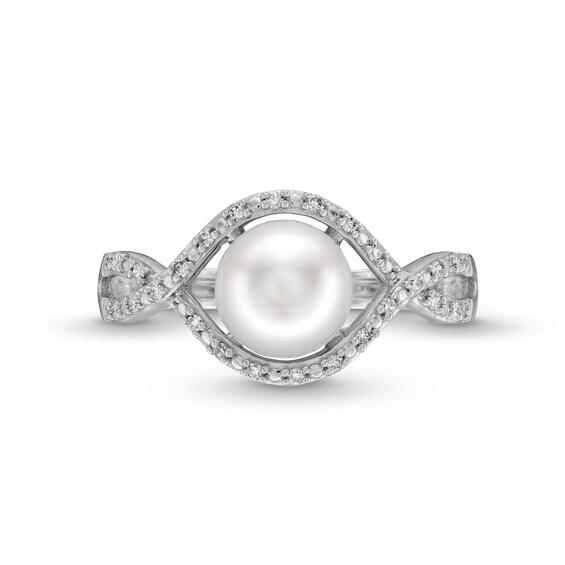 7.0mm Button Freshwater Cultured Pearl and 1/10 CT. T.w. Diamond Infinity Twist Shank Ring in 10K White Gold